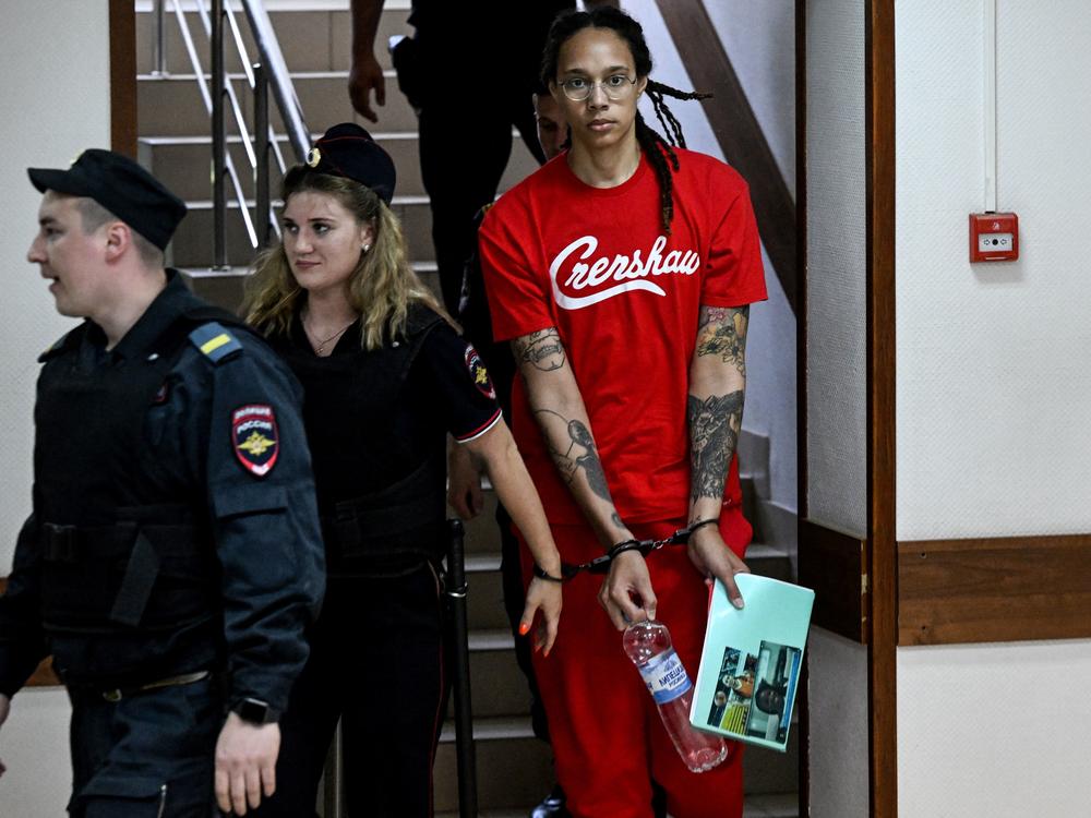 Brittney Griner arrives to a hearing at the Khimki Court, outside Moscow last week. She is scheduled to return for another hearing starting at 7:30 a.m. ET on Thursday.