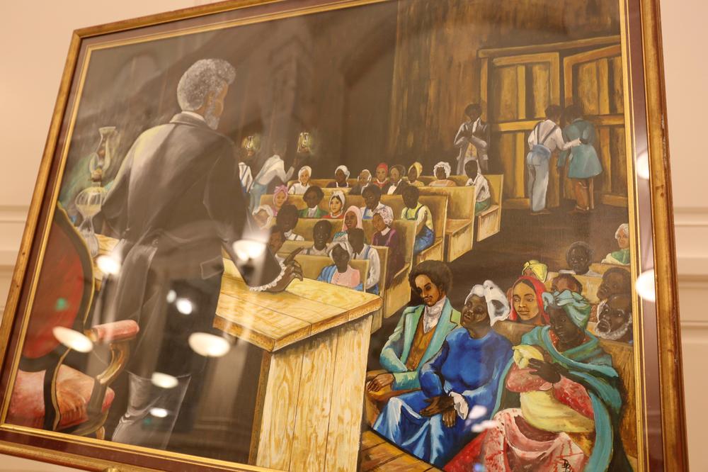 Painting of Denmark Vesey by Dorothy B. Wright displayed at the Gaillard Performing Arts Center for the 200th anniversary of Vesey's planned rebellion in 1882. The painting was taken from the center in 1976, but it was returned days later unscathed after a reward was offered.
