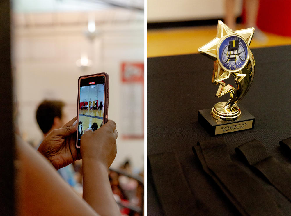 Left: An audience member records dancers competing in Dance Mobility's Adapted Ballroom Dance Competition. Right: Trophies for the competition's dancers sit on a table.