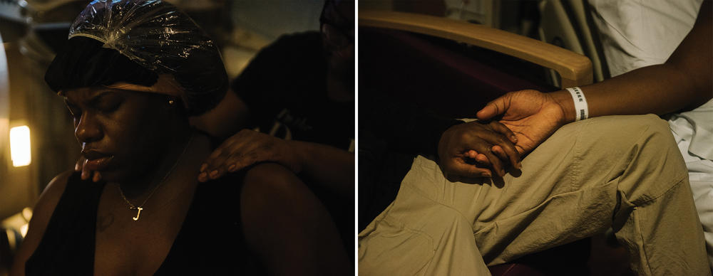 Left: Kemp helps her sister, Shakera Kemp, rest between contractions. Right: Shakera Kemp holds her partner's hand as she labors at a hospital just before the onset of the COVID-19 pandemic. When COVID-related restrictions limited partners' and doulas' participation in hospital births, Kemp saw an increase in requests for home births among clients who didn't want to labor alone.