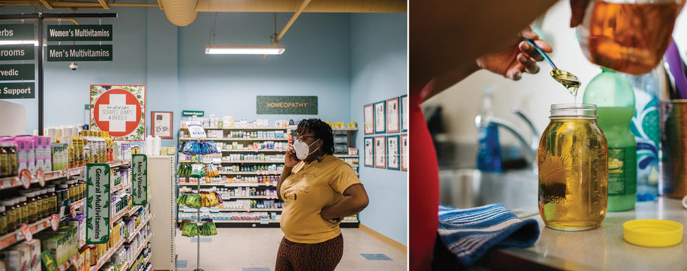 Left: Kemp stops at a local pharmacy that sells herbal remedies. Running errands for the families she serves is one of many ways she works to support her clients throughout their pregnancies. Right: Kemp also accompanies clients to doctors' appointments, educates families about the benefits of vaccinations, and helps expectant mothers and fathers navigate the complicated world of maternal care.