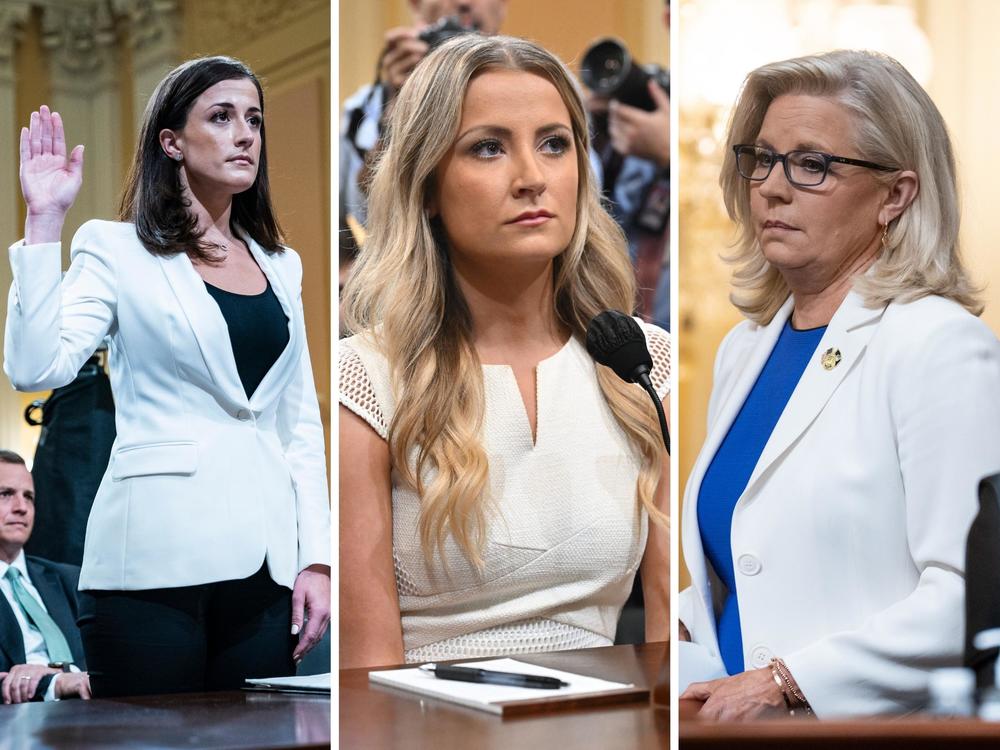 From left: Cassidy Hutchinson, former aide to Trump White House chief of staff Mark Meadows, former Deputy White House Press Secretary Sarah Matthews, and Rep. Liz Cheney, R-Wyo. attend hearings by the House Select Committee to investigate the January 6th attack on the US Capitol in the Cannon House Office Building in Washington, DC.