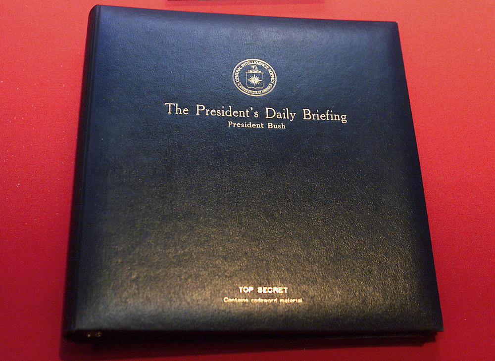 The President's Daily Briefing is the top-secret intelligence report the CIA presents to the president every weekday. The book shown here is for a briefing delivered to President George W. Bush in 2002.