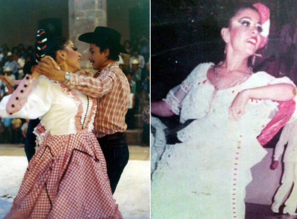 <strong>Left</strong>: Estefania's mom, Patricia Mitre, and her tio Sergio dance to Nuevo León polkas in 1982. <strong>Right</strong>: Patricia performs a regional dance from the state of Veracruz in 1979.