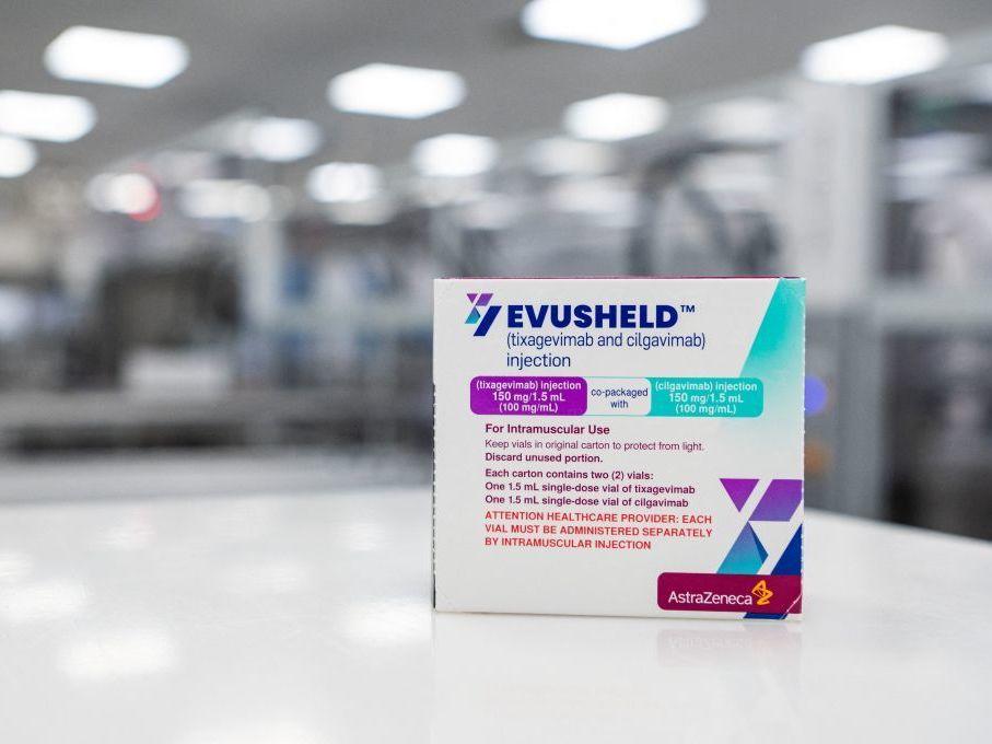 A box of Evusheld, an antibody therapy developed by pharmaceutical company AstraZeneca for the prevention of COVID-19 in immunocompromised patients, is seen in February at the AstraZeneca facility for biological medicines in Sweden
