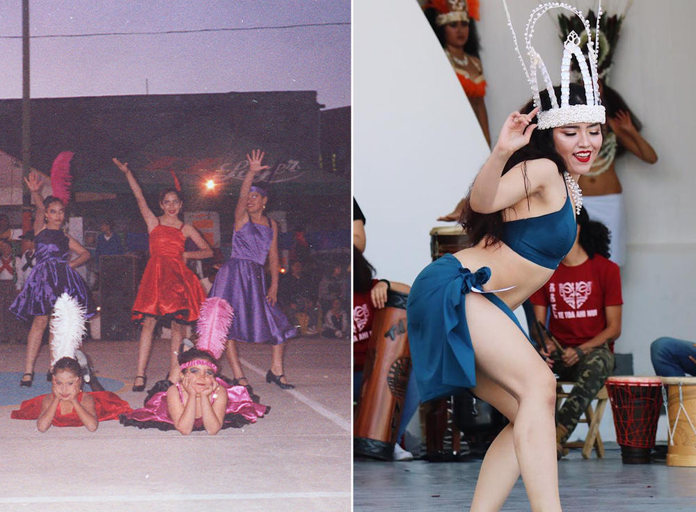<strong>Izquierda</strong>: Estefanía en su primer espectáculo, interpretando cancán en Juárez, México, en 2004. <strong>Derecha</strong>: Estefanía en un concurso de danza tahitiana en Ciudad de México en 2019.
