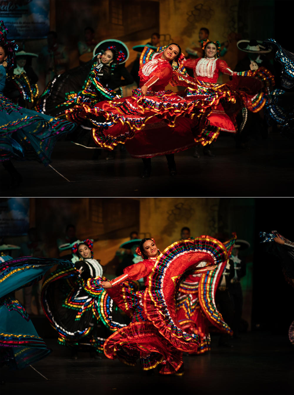 Miembros de la compañía de Danzas y Bailes tradicionales Alma Mexicana interpretan un baile regional de Jalisco, México, en el Teatro Ferrocarrilero Gudelio Morales de Ciudad de México en julio.
