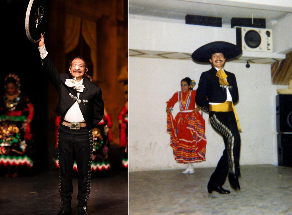 Tío Sergio interpreta un baile regional del estado mexicano de Jalisco en 2022 (izquierda) y 1982 (derecha).