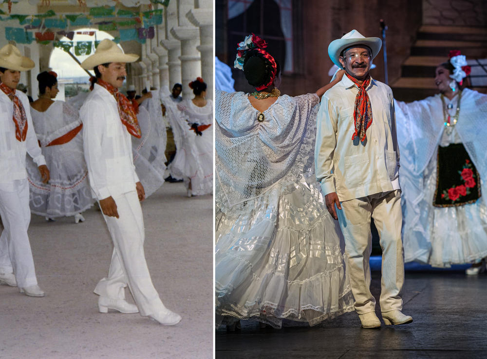 Tío Sergio interpreta un baile regional del estado mexicano de Veracruz en 1982 (izquierda) y 2022 (derecha).