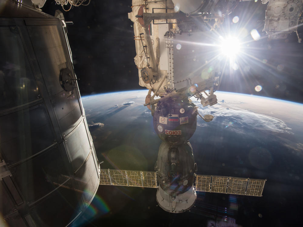 A Soyuz spacecraft docked to the International Space Station in April 2014.
