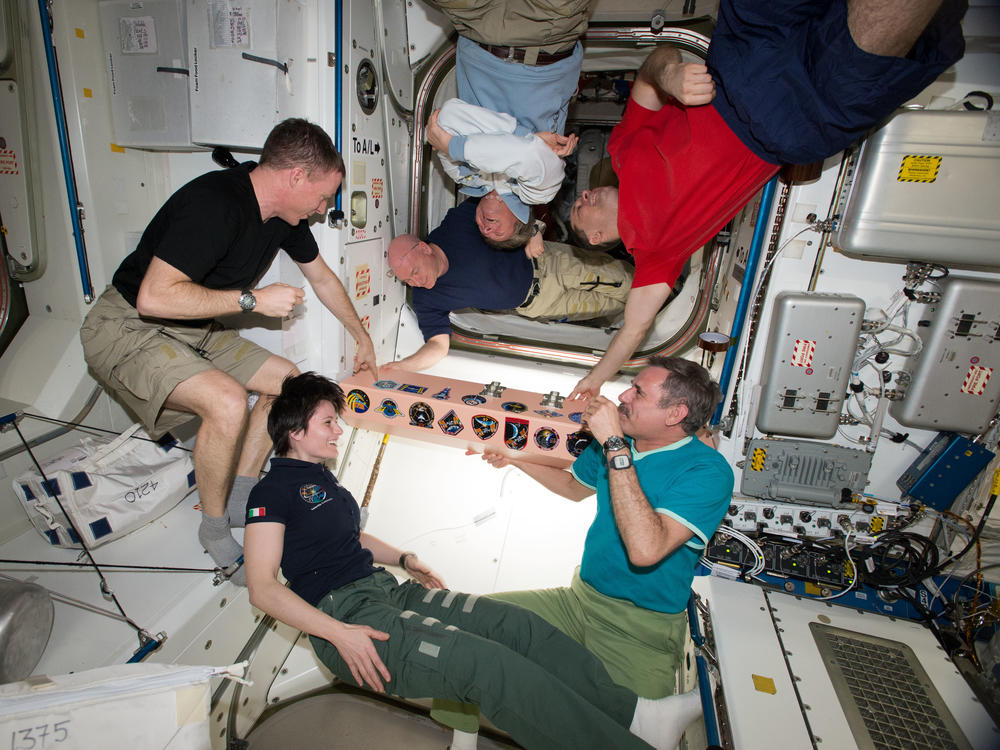 Crewmembers of the ISS Expedition 43, commanded by Terry Virts (center left), affix their mission patch to the vehicle.