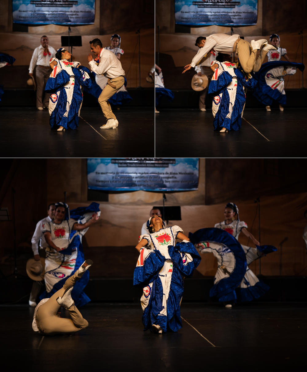 Miembros del grupo de Danzas y Bailes tradicionales Alma Mexicana interpretan un baile regional de Sinaloa, México, en el Teatro Ferrocarrilero Gudelio Morales de Ciudad de México en julio.