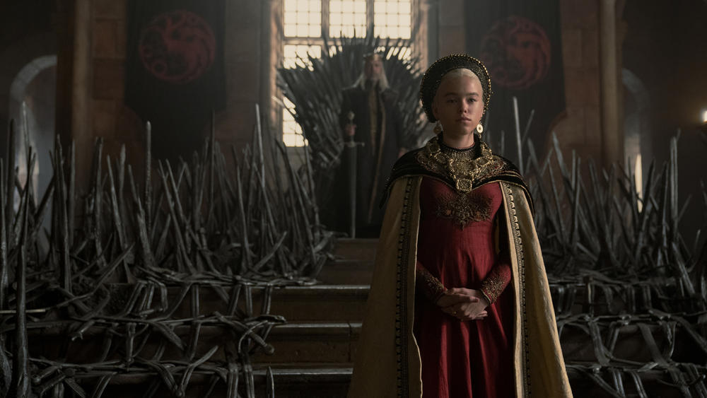 King Viserys (Paddy Considine) and Princess Rhaenyra (Milly Alcock) have a few points to make in <em>House of the Dragon.</em>