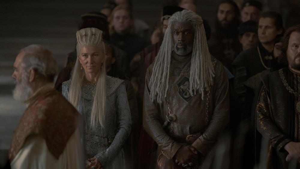 Honey bunches of oaths: Rhaenys (Eve Best) and Corlys (Steve Toussaint) line up to swear fealty to the new heir in <em>House of the Dragon</em>.