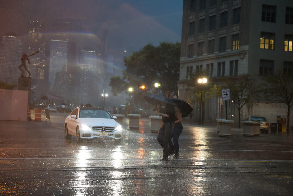 Heavy rain with stormy weather is seen in Jersey City of New Jersey, United States on September 1, 2021.