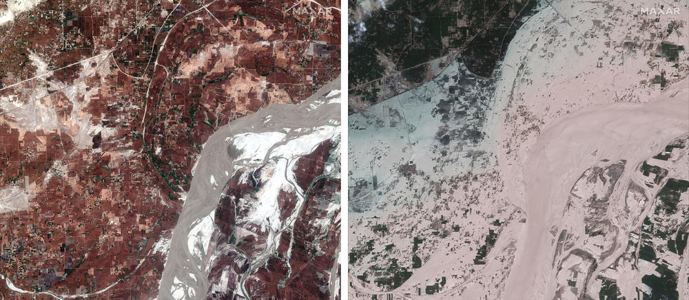 Satellite imagery shows the Indus River near Rojhan in south-central Pakistan. The left image is from March 24, and the right image, showing heavy flooding of villages and fields, is from Aug. 28.