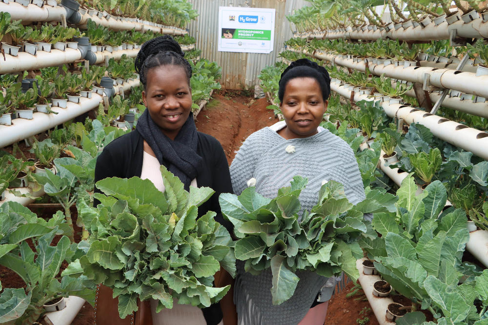 Soila Amboi (left) and Belinda Shald drop by the urban farm to pick up free veggies.