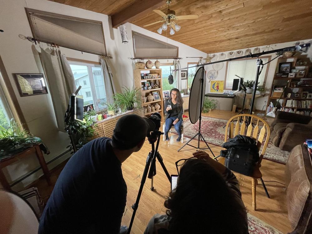 With a TV crew and media consultant Martha McKenna of Baltimore, Peltola filmed a TV spot in her Bethel home.
