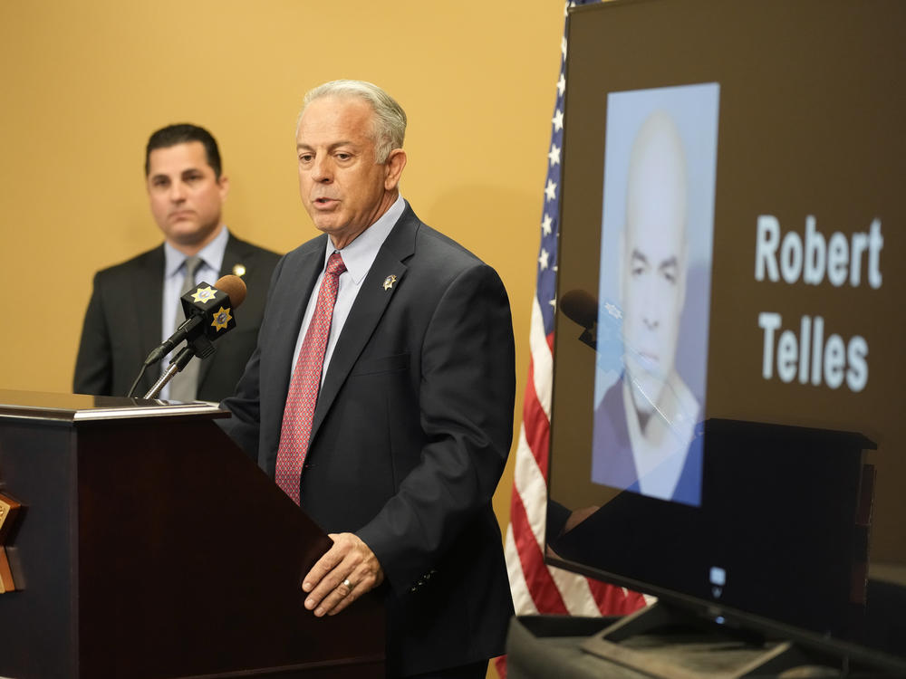 Clark County Sheriff Joe Lombardo speaks at a news conference on the arrest of Clark County Public Administrator Robert 