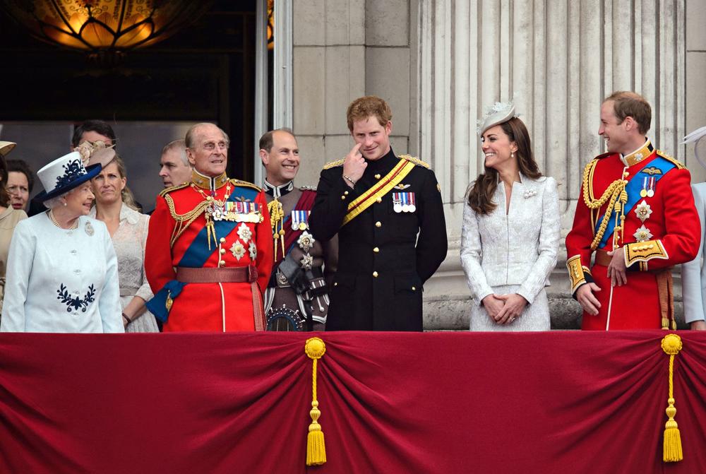 <strong>June 14, 2014:</strong> Members of the British royal family watch the fly-past as they stand on the balcony of Buckingham Palace following the Trooping the Colour. From left: Queen Elizabeth II; Prince Philip, Duke of Edinburgh; Prince Edward, Earl of Wessex; Prince Harry; Catherine, Duchess of Cambridge; and Prince William, Duke of Cambridge.