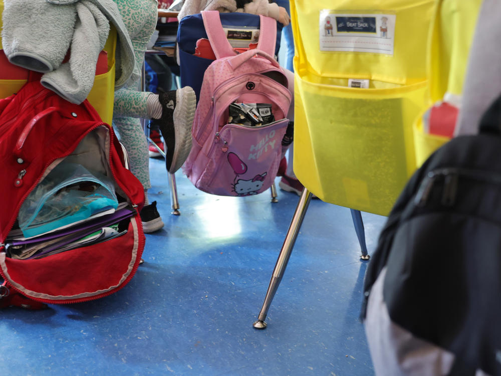 Student backpacks in a classroom at Yung Wing School P.S. 124 on June 24, 2022 in New York City.