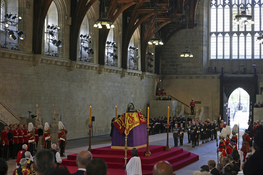 The coffin of Queen Elizabeth II rests in Westminster Hall at the Palace of Westminster on Wednesday.