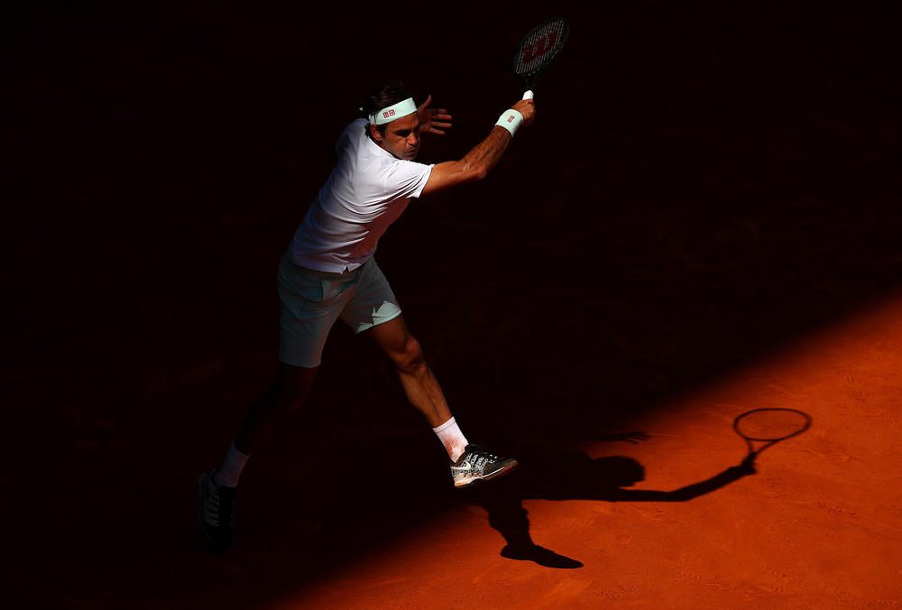 <strong>May 9, 2019:</strong> Roger Federer of Switzerland in action against Gael Monfils of France during day six of the Mutua Madrid Open at La Caja Magica in Madrid, Spain.
