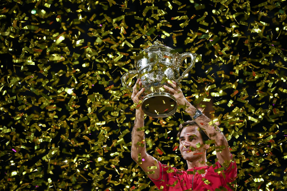 <strong>October 27, 2019:</strong> Swiss Roger Federer raises the trophy after his 10th victory at the Swiss Indoors tennis tournament in Basel.