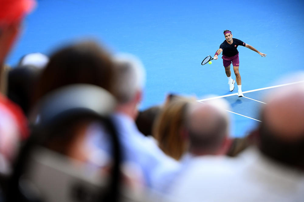 <strong>January 30, 2020:</strong> Roger Federer of Switzerland plays a forehand during his Men's Singles Semifinal match against Novak Djokovic of Serbia on day eleven of the 2020 Australian Open at Melbourne Park in Melbourne, Australia.