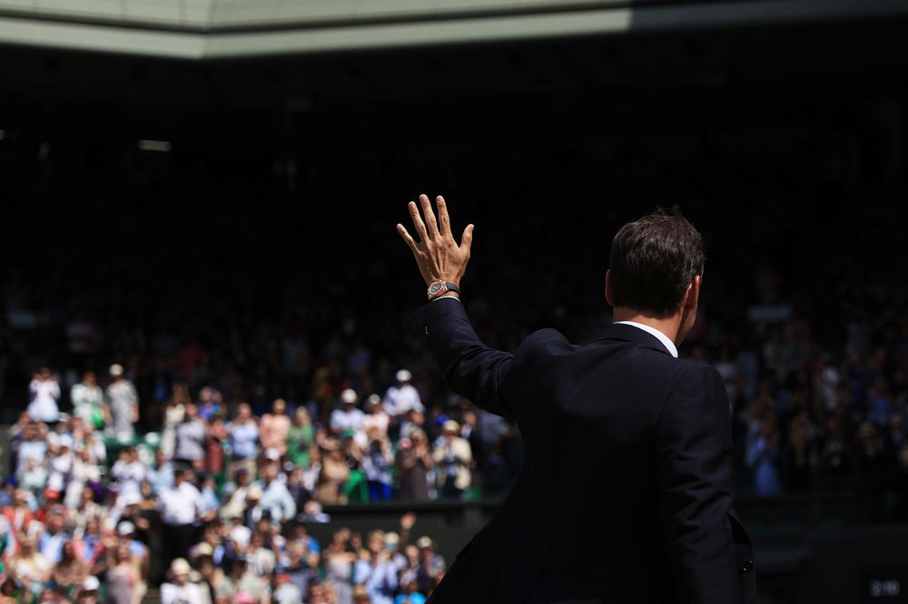 <strong>July 3, 2022:</strong> Roger Federer waves to the crowd on Centre Court during day seven of The Championships Wimbledon 2022 at All England Lawn Tennis and Croquet Club in London, England.