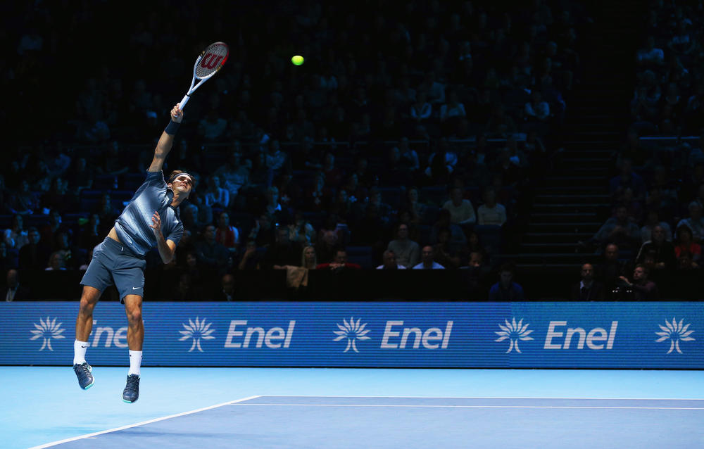 <strong>November 9, 2013:</strong> Roger Federer of Switzerland serves during his men's singles match against Juan Martin Del Potro of Argentina during day six of the Barclays ATP World Tour Finals at O2 Arena in London, England.