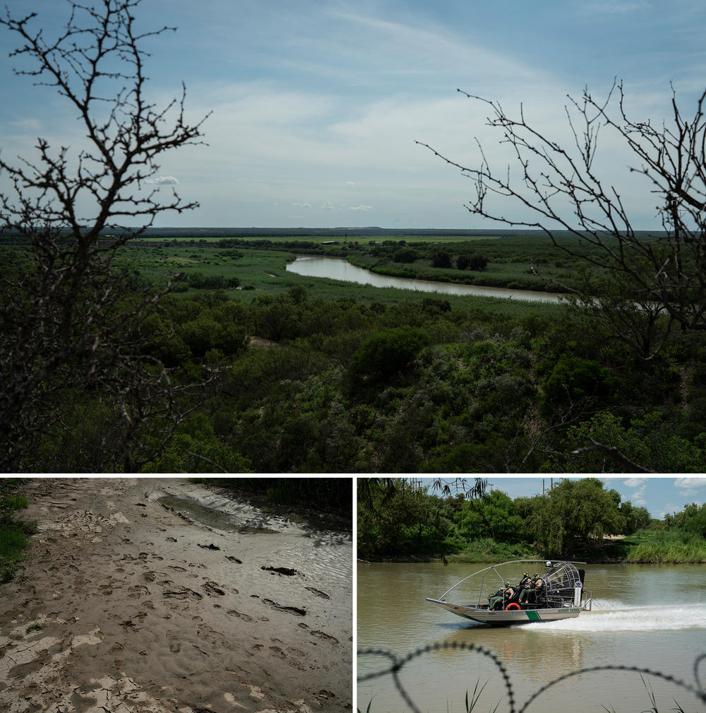 Border Patrol agents inspect the Rio Grande on an airboat. Footprints are seen by the river on Luis Valderrama's property.