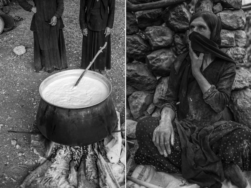 Bakhtiari women boil goat's milk over a fire made from oak wood. They use the milk to make yogurt, butter and cheese. At right, a woman bakes bread in a village on a hillside of the Central Zagros Mountains.