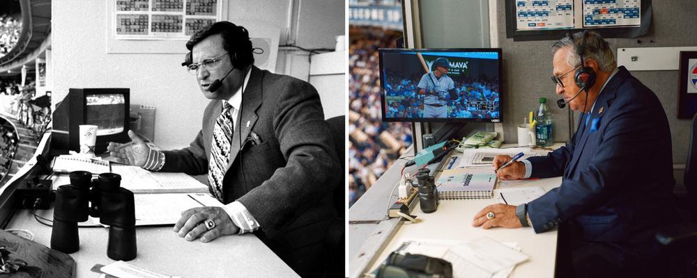 Left: Jarrín calls a game in 1998. Right: In his final season in the booth.