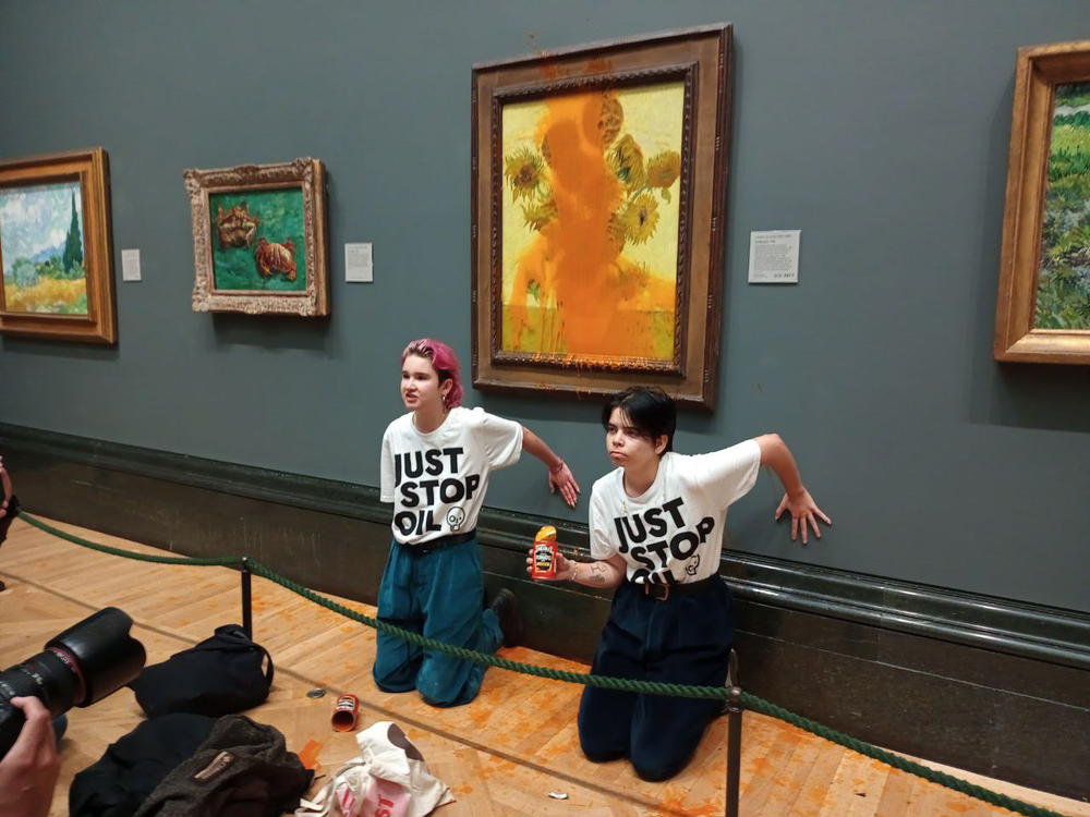 Activists threw soup at a Van Gogh painting in London. They were protesting new oil and gas production.