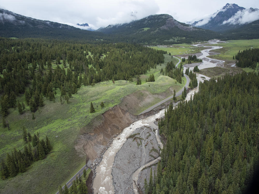 Sections of Northeast Entrance Road are washed out following historic flooding in Yellowstone National Park in June.