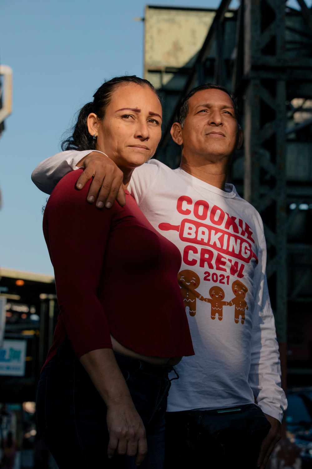 Milagros Pineda and Víctor Villegas outside their temporary housing in the Brooklyn borough of New York City.