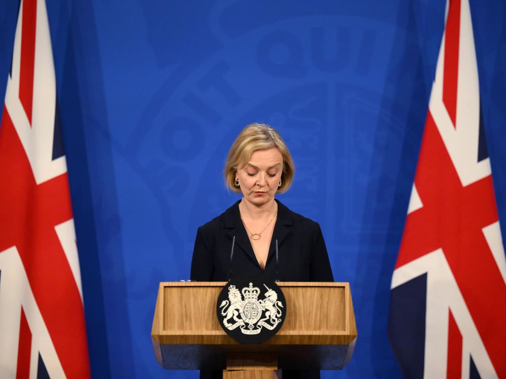 Britain's Prime Minister Liz Truss attends a news conference in the Downing Street Briefing Room in central London, Oct. 14. Truss has only been in office for six weeks but has already drawn calls for her removal.