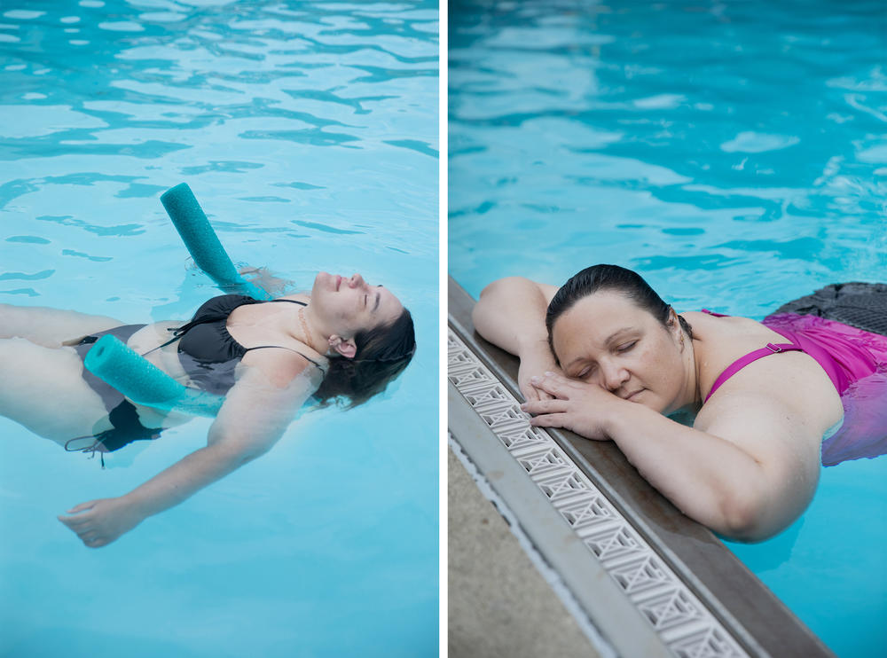 Kiana Mooney and Alicia Buda enjo a peaceful moment in the pool at Camp Roundup, a pro-fat body positivity and acceptance camp for women that took place labor day weekend in Newark, Ohio.