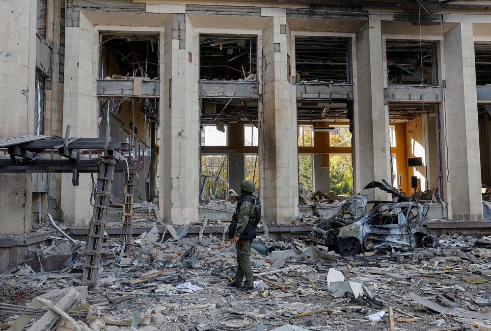 The city administration building hit by recent shelling in the course of the Ukraine-Russia conflict in Donetsk, Russian-controlled Ukraine, on Sunday.