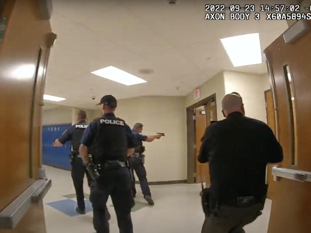 Police officers respond to a call that an active shooter had reportedly injured 24 students at Chillicothe High School in Chillicothe, Ohio, in September. The call turned out to be a hoax. Similar scenes have played out at schools across the country in recent weeks.