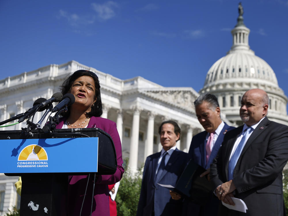 Rep. Pramila Jayapal and fellow members of the House Progressive Caucus hold a news conference ahead of the vote on the Inflation Reduction Act on Aug. 12, 2022.