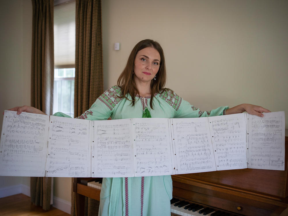 Olha Abakumova, an opera singer from western Ukraine, came to the U.S. with her daughter. (Her husband was not able to migrate.) Olha brought her most treasured sheet music for Ukrainian arias. 