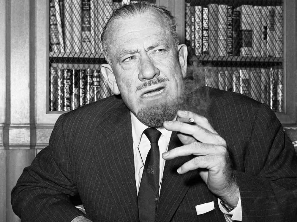 John Steinbeck talks to media in the office of his publisher in New York on Oct. 25, 1962.