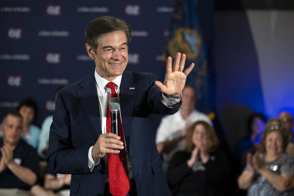 Mehmet Oz, celebrity physician and Republican Senate candidate, speaks during a town hall in Bell Blue, Pa., in May.