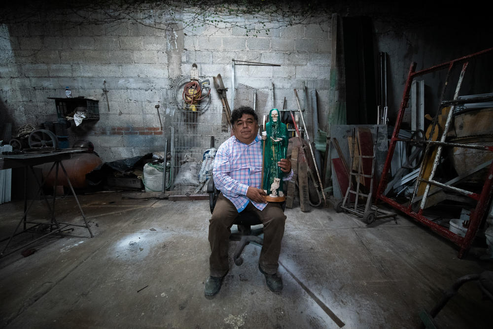Don Alberto, 61, is a believer in Santa Muerte thanks to the fact that his faith cured him of cancer in the aortic vein. The doctors had given him up, but his belief healed him.