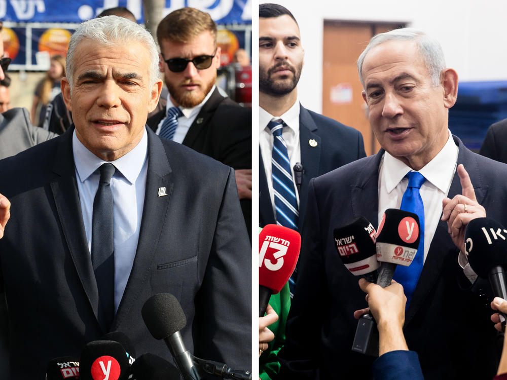 Left: Israeli Prime Minister Yair Lapid addresses the media outside a polling station in Tel Aviv on Tuesday. Right: Former Prime Minister Benjamin Netanyahu speaks to the press after casting his vote in Jerusalem on Tuesday.