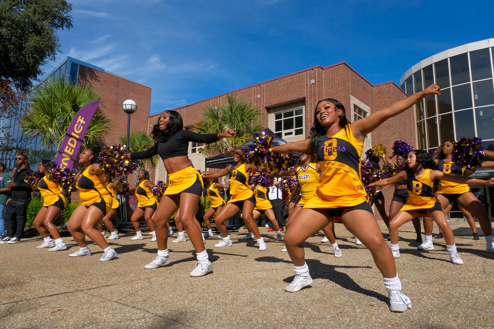 Benedict College's cheerleading squad performs outside the David H. Swinton Campus Center during the school's homecoming weekend, on Oct. 29, 2022.
