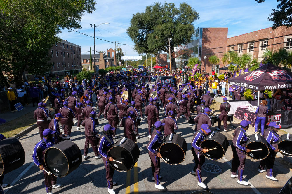 Benedict College's Marching Tigers Band of Distinction performs outside the David H. Swinton Campus Center during homecoming weekend on Oct. 29, 2022.