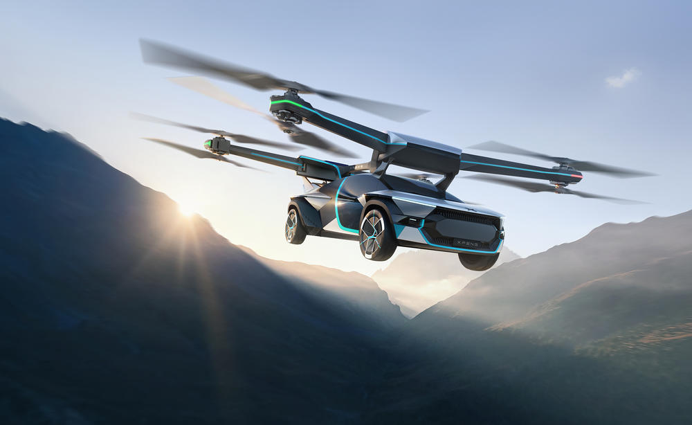 Xpeng released designs of the flying car, pictured, taking flight above The Alps.